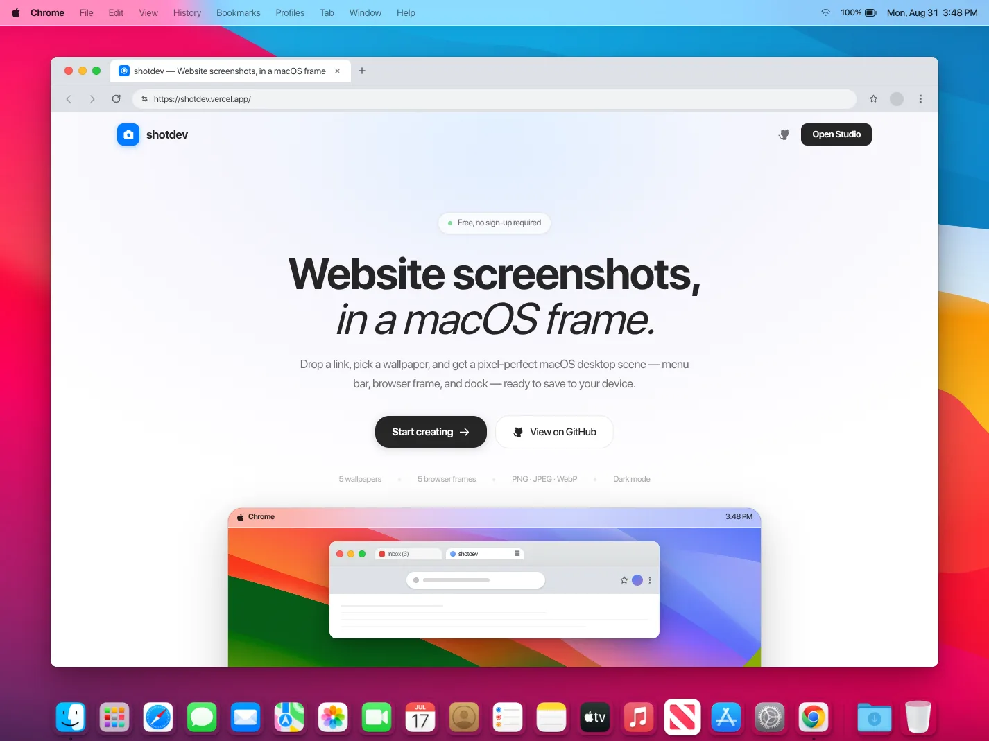shotdev screenshot showing macOS desktop with browser frame and wallpaper
