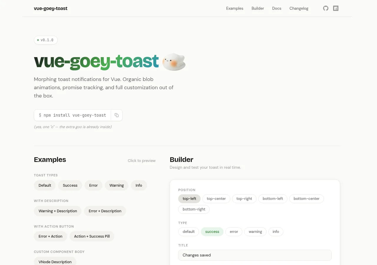 vue goey toast component demo screenshot
